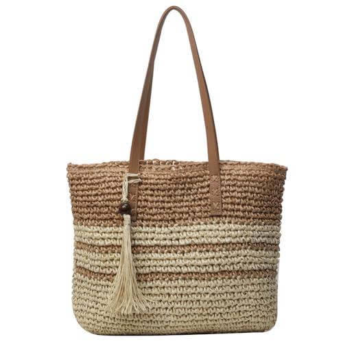 Fehploh Damen-Tragetasche aus Stroh, gewebt, for den Sommer, Strandtaschen, großes Fassungsvermögen, modische gewebte Handtasche mit Quasten, handgewebte Umhängetasche for Reisen, Urlaub (Kh von Fehploh