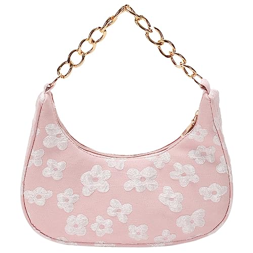 Fehploh Damen-Umhängetasche, Blumendruck, Kette, kleine Tragetaschen, elegant, schlicht, Clutch, Geldbörse, weibliche Achseltasche, Pinke Kette, 27x19x7cm/10.63x7.48x2.76in von Fehploh