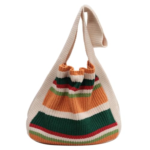 Fehploh Damen-Umhängetasche, gehäkelt, großes Fassungsvermögen, gestrickt, gestreift, Kontrastfarbe, Vintage, gewebte Tasche für weibliche Mädchen, beige, 340.00x310.00x100.00mm/13.39x12.2x3.94inch von Fehploh