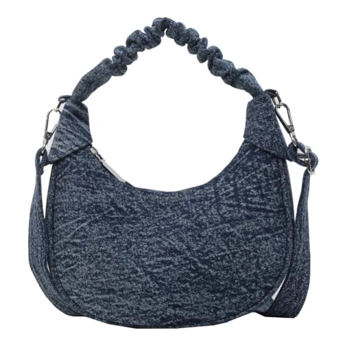 Fehploh Damen-Umhängetasche, plissiert, einfarbig, Denim, Halbmond-Tragetasche, Handtasche, Reißverschluss, einfache Umhängetasche, Tagestasche for Damen (Dunkelblau) von Fehploh