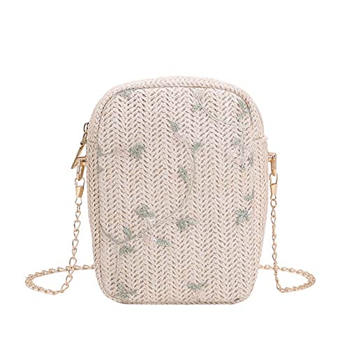 Fehploh Damen-Umhängetasche aus Stroh, mit Reißverschluss, farbig gewebt, Umhängetasche, Mini-Pflanzenkette, Tasche für Damen, Sommer-Strandtasche (Beige) von Fehploh