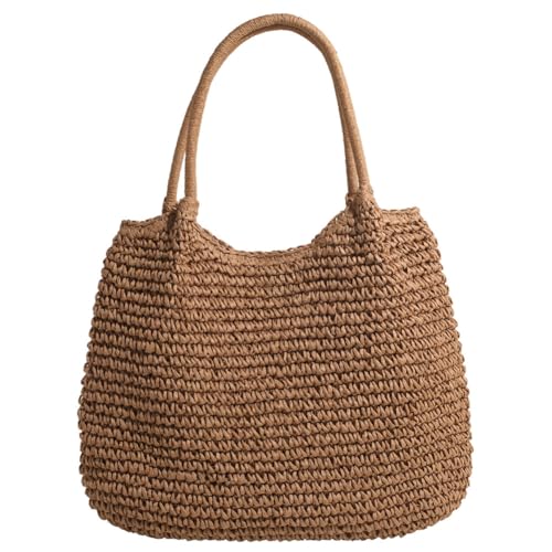 Fehploh Damen-Umhängetasche im Vintage-Stil, Haspenverschluss, gehäkelte Strandhandtasche, einfarbig, einfache Webhandtasche, Damen-Sommer-Tagestasche (Khaki) von Fehploh