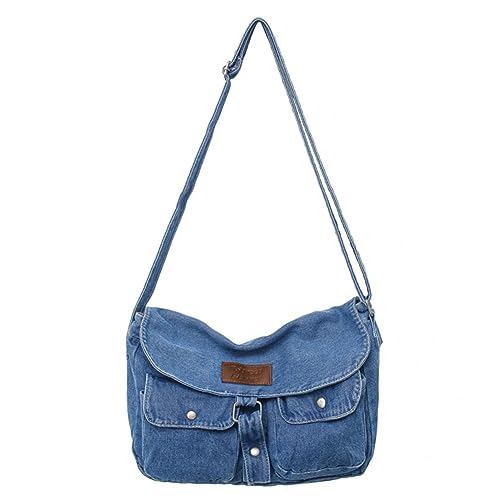 Fehploh Damen-Umhängetasche im Vintage-Stil, mehrere Taschen, Denim-Umhängetasche, großes Fassungsvermögen, vielseitiger verstellbarer Riemen, Jeanstasche for Reisen, Arbeit (Hellblau) von Fehploh