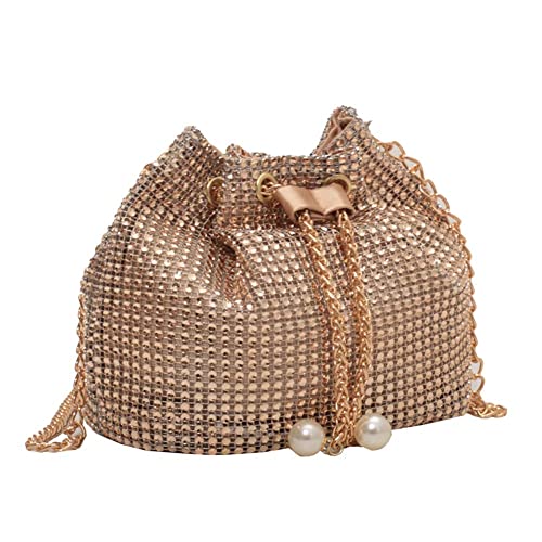 Fehploh Damen-Umhängetasche mit Kette, einfarbig, Strass, glitzernde Umhängetasche, Kordelzug, Shinny Sling-Geldbörse, weibliche Dating-Tasche (Gold) von Fehploh