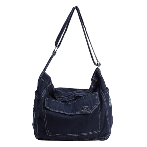 Fehploh Denim Fashion Große Kapazität Canvas Unterarmtasche mit Reißverschluss Verstellbarer Riemen Lässige Schultertasche Geldbörse Multi Pocket Messenger Bag für Damen und Mädchen, dunkelblau, von Fehploh