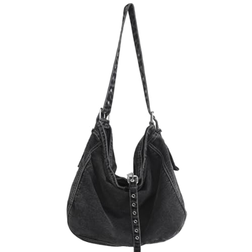 Fehploh Denim-Tragetasche, Retro, trendig, Crossbody-Tasche, großes Fassungsvermögen, modisch, mit verstellbarem Riemen, lässige Schultertasche für Damen, Schwarz , 18.9*12.99*5.91inch von Fehploh