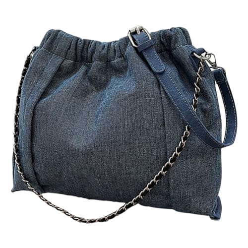 Fehploh Denim Trendige Umhängetasche, große Kapazität, Kordelzug, lässige Schultertasche mit verstellbarem Riemen, Unterarmtasche, Umhängetasche for Damen (Dunkelblau) von Fehploh