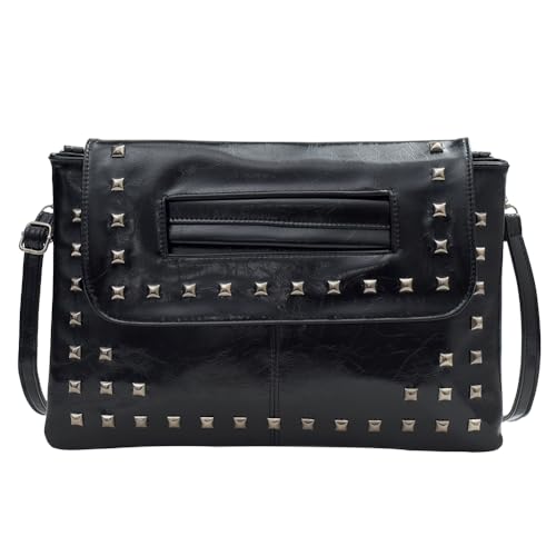 Fehploh Einfache Damen-Clutch-Handtasche, großes Fassungsvermögen, Nieten-Retro-Umhängetasche, abnehmbarer Riemen, Freizeit-Clutch-Geldbörse, Damen-Pendeltasche (schwarz) von Fehploh