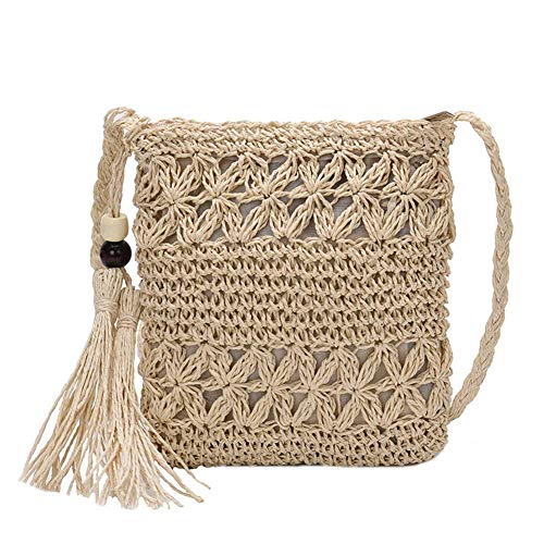 Fehploh Einfarbige Schulter-Crossbody-Handtaschen mit Quasten, wirtschaftlich gewebt, Sommer-Strand-Kuriertaschen für Damen und Mädchen, Strandteile (Beige) von Fehploh