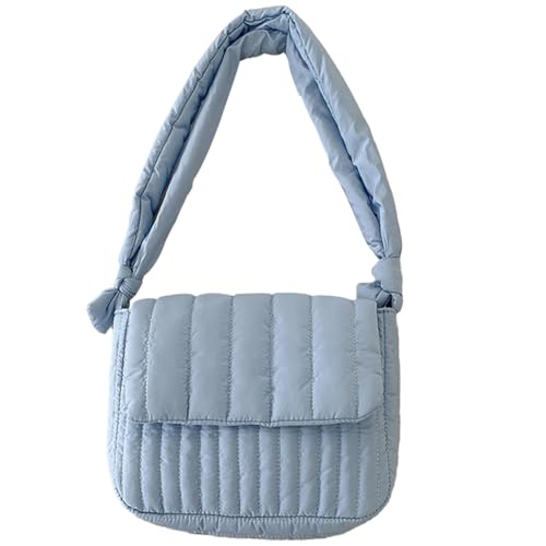 Fehploh Gepolsterte Umhängetasche für Damen, breiter Riemen, gesteppte Umhängetasche, leichte Schultertasche mit Klappe, Winter-Einkaufstasche (Hellblau) von Fehploh