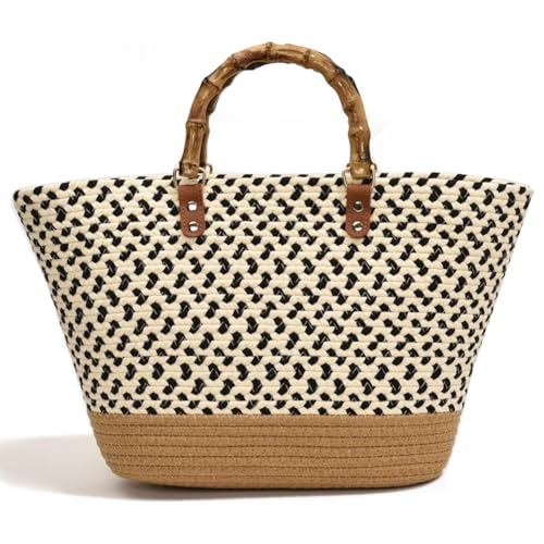 Fehploh Gewebte Damen-Tragetasche, modisch, gewebt, große Kapazität, elegante Tasche mit Tragegriff oben, Patchwork, Weben, Strandtasche für Strandurlaub, Schwarz , 16.93*10.24*3.54inch von Fehploh