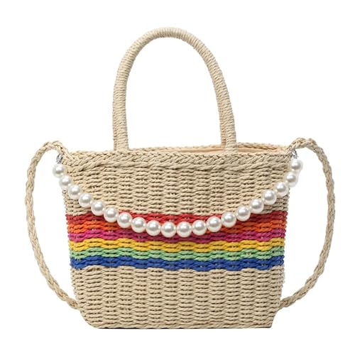 Fehploh Gewebte Regenbogen-Handtasche for Damen mit Perle, einfache Stroh-Umhängetasche, vielseitige Stroh-Regenbogen-Umhängetasche, Sommer-Strand-Geldbörse (weiß) von Fehploh