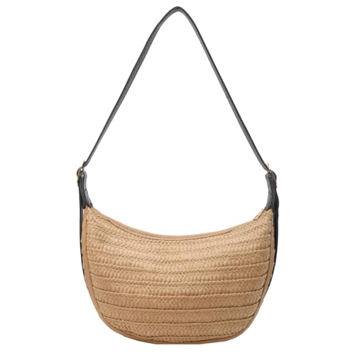 Fehploh Gewebte Strohtasche, groß, trendige Hobo-Tasche mit Reißverschluss, Schultertasche, Urlaub, Reisen, Halbmond-Tasche für Damen und Mädchen, Schwarz , 300x170x120mm/11.81x6.69x4.72inch von Fehploh