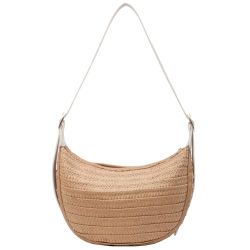 Fehploh Gewebte Strohtasche, groß, trendige Hobo-Tasche mit Reißverschluss, Schultertasche, Urlaub, Reisen, Halbmond-Tasche für Damen und Mädchen, weiß, 300x170x120mm/11.81x6.69x4.72inch von Fehploh