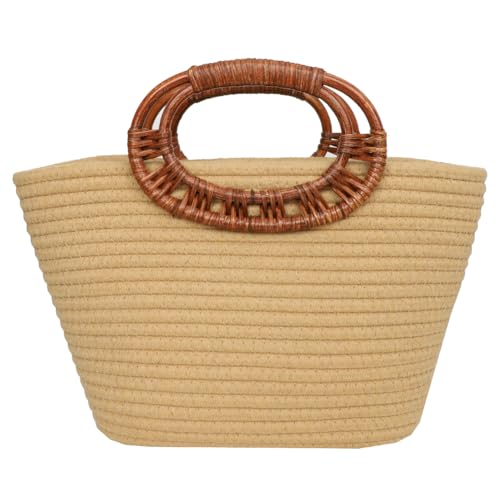 Fehploh Gewebte Tragetasche für Damen, Sommer-Strandtaschen, großes Fassungsvermögen, handgefertigte Baumwollseil-Tasche, Rattan-Griff, Tragetasche, Web-Umhängetasche (braun) von Fehploh