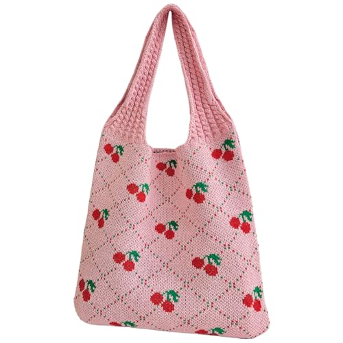 Fehploh Häkeltasche für Damen, mit Kirschmotiv, großes Fassungsvermögen, Reisen, Einkaufen, für den täglichen Gebrauch, rose, 360.00x350.00x15.00mm/14.17x13.78x0.59inch von Fehploh