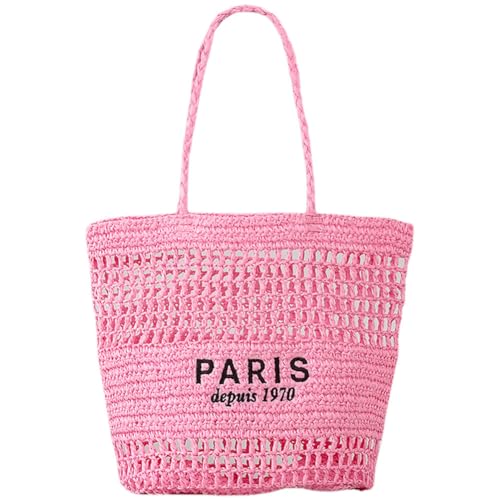 Fehploh Handgewebte Damen-Handtasche, großes Fassungsvermögen, bestickte Brieftasche, vielseitige Freizeit-Stricktasche, Damen-Freizeittasche (Rosa) von Fehploh