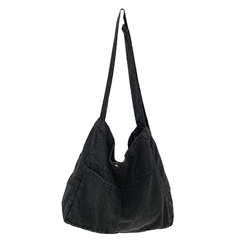 Fehploh Jeans-Tasche mit Tragegriff, großes Fassungsvermögen, vielseitige Denim-Umhängetasche, Unisex, leichte Handtasche, lässig, wiederverwendbare Einkaufstasche (schwarz) von Fehploh