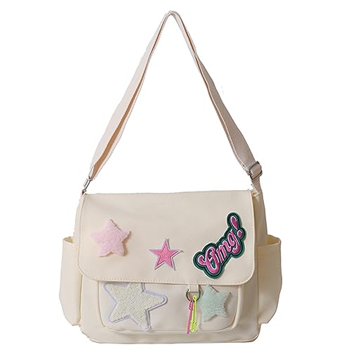 Fehploh Kawaii-Umhängetasche aus Segeltuch mit großem Fassungsvermögen, Stern-Buchstaben-Applikation, Bonbonfarbe, for Damen, niedliche Umhängetasche, Freizeit, Reisen, Outdoor-Tasche (weiß) von Fehploh