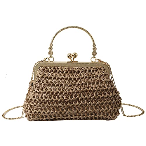 Fehploh Kette Gras gewebte Tasche einfache Textur weibliche Clutch-Tasche handgefertigte elegante Mode tragbare Abendtasche (Khaki) von Fehploh