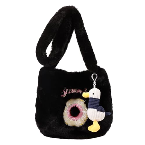 Fehploh Kunstpelz, weiche, flauschige Taschen mit Anhänger, Donut-Muster, großes Fassungsvermögen, Damen-Winter-Tagestasche, Damen, vielseitige Plüschtasche (schwarz) von Fehploh