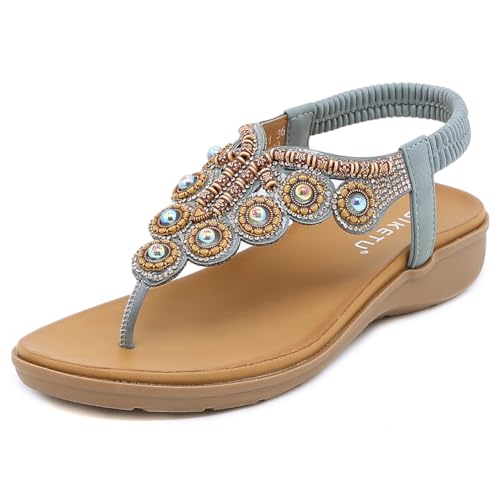 Fehploh Mode Strass Casual Sommer Strand Sandalen T-Riemen Bohemian Flip Flop Sandalen Elastische Riemen Keil Sandalen for Frauen und Mädchen (36 Grau) von Fehploh