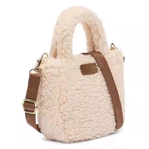 Fehploh Modische Damen-Schultertasche, verstellbarer Riemen, niedlich, weich, flauschig, einfarbig, Lammwolle, mit Anhänger, für Herbst und Winter, beige, 190.00x170.00x70.00mm/7.48x6.69x2.76inch von Fehploh