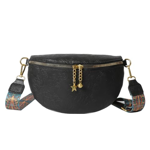 Fehploh Modische Damen-Umhängetasche, PU-Leder, Brusttasche, lässige Umhängetasche, verstellbarer Riemen, solide Umhängetasche, Blumendruck, Damen-Pendeltasche (schwarz) von Fehploh