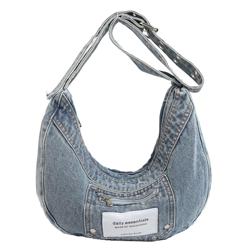 Fehploh Modische Halbmond-Tasche for Damen, große Kapazität, Denim, lässige Umhängetasche, einfarbig, einfache Einkaufstasche, verstellbarer Riemen zum Einkaufen, Pendeln (blau) von Fehploh