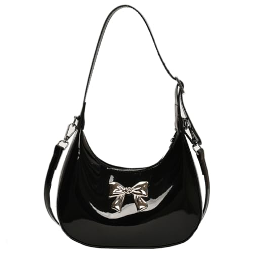 Fehploh Modische Halbmond-Tasche für Damen, PU-Leder, glänzend, Unterarmtasche, verstellbarer Riemen, einfache Umhängetasche, Halbmond-Tasche, Schwarz , 210.00x180.00x60.00mm/8.27x7.09x2.36inch von Fehploh