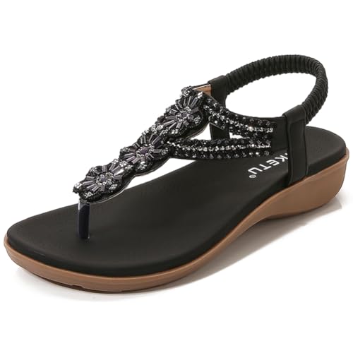 Fehploh Modische Strass-Design, lässige Sommer-Strandsandalen, T-Riemen, Flip-Flop-Sandalen, elastische Riemen, Keilsandalen for Damen und Mädchen (schwarz 36) von Fehploh