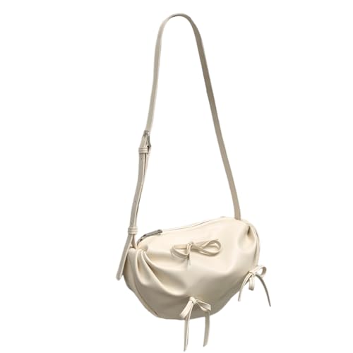 Fehploh Modische plissierte Umhängetasche aus PU-Leder, niedliche Schleife, Umhängetasche, einfarbig, Schultertasche mit Reißverschluss, für Damen und Mädchen (Beige) von Fehploh