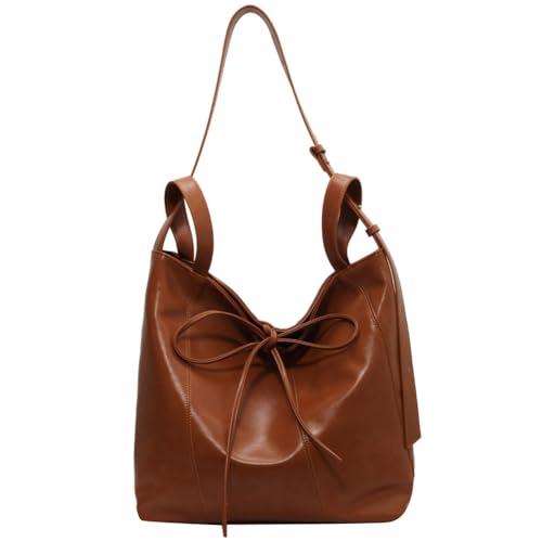 Fehploh Retro-PU-Leder-Umhängetasche, große Kapazität, lässige Schultertasche, stilvolle Schleife, Satchel-Geldbörse, Hobo-Tasche for Damen und Mädchen (braun) von Fehploh