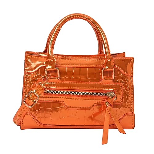 Fehploh Schlichte Damen-Umhängetasche, einfarbig, glänzend, PU-Leder, Textur, Metallic-Farbe, Y2K, für Pendler, Orange, 200.00x130.00x70.00mm/7.87x5.12x2.76inch von Fehploh