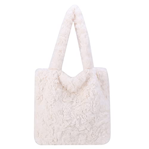 Fehploh Schulterhandtaschen für Damen, flauschig, Herbst und Winter, Schultertasche, weicher Plüsch, solide, tragbare Reise-Geldbörse für Damen und Mädchen, Geschenk (Beige) von Fehploh