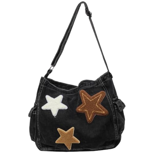 Fehploh Star Denim Fashion Handtasche, große Kapazität, lässige Schultertasche mit Reißverschluss, verstellbarer Riemen, Messenger Bag, mehrere Taschen for Damen (schwarz) von Fehploh