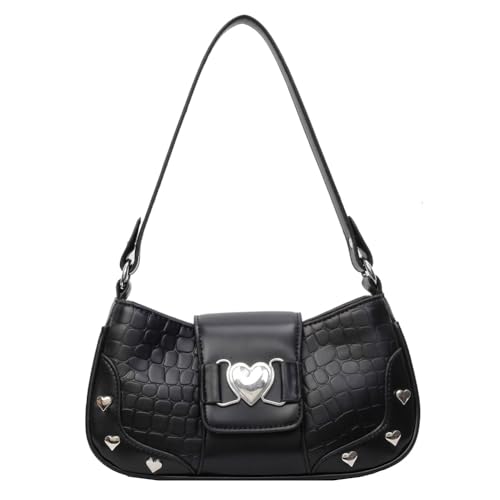 Fehploh Stilvolle Achseltasche for Damen, großes Fassungsvermögen, Y2K-Herz-Unterarmtasche, modische Umhängetasche, einfarbig, PU, ​​einfache Pendlertasche (schwarz) von Fehploh