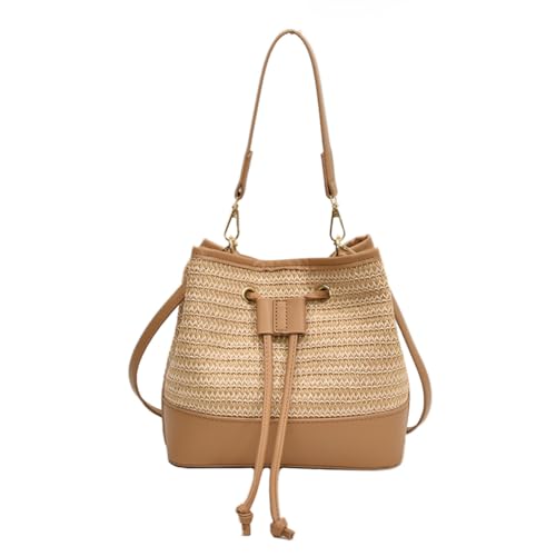 Fehploh Stroh-Umhängetasche, PU-Leder, Kordelzug, Beuteltasche mit verstellbarem Riemen, Strand-Bohemien-Geldbörse, gewebte Strandtasche, Tasche mit Tragegriff oben für Damen (Khaki) von Fehploh