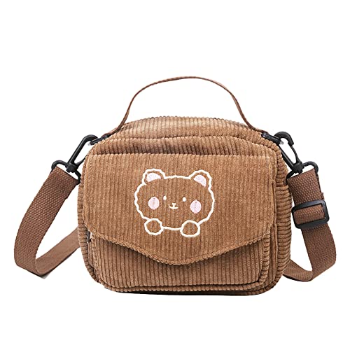 Fehploh Umhängetasche, Vintage-Stil, niedliche Damen-Schultertasche, Stickerei, Bär, Klappentasche, Herbst-Winter-Geldbörse für Studentinnen, Mädchen (braun) von Fehploh