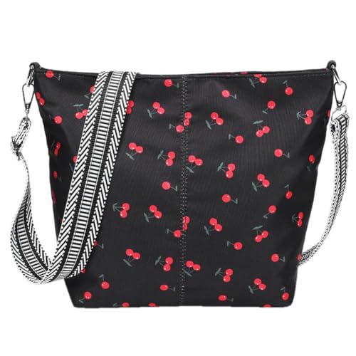 Fehploh Umhängetasche für Damen, Kirsche, lässige Umhängetasche, große Kapazität, einfache Messenger-Tasche, verstellbarer Riemen, Cord, für Outdoor-Reisen (schwarze Erdbeere) von Fehploh