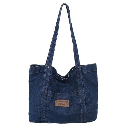 Fehploh Vielseitige Denim-Einkaufstasche mit großer Kapazität, einfarbig, für Damen, Alltag, Pendeln, Retro-Tragetasche, dunkelblau, 440.00x310.00x100.00mm/17.32x12.2x3.94inch von Fehploh