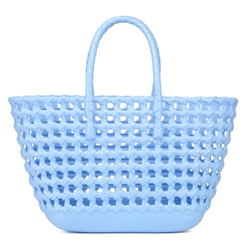 Fehploh Wasserdichte Strandtasche für Damen, große Kapazität, Reisetasche, einfarbig, stilvolle Korbtasche mit Aushöhlung, für Outdoor-Camping, blau, 410.00x310.00x130.00mm/16.14x12.2x5.12inch von Fehploh