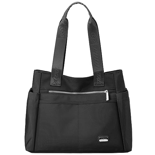 Fehploh Wasserdichte einfarbige Taschen, leicht, großes Fassungsvermögen, mehrere Taschen, Damen, Freizeit, Einkaufstaschen, Handtasche for Arbeit, Reisen, Schule (schwarz) von Fehploh