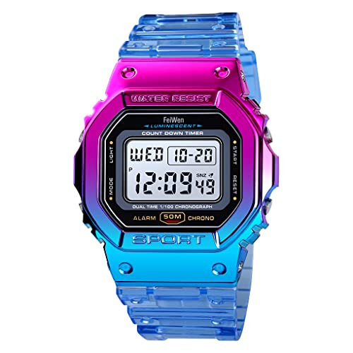 FeiWen Damen Fashion Sport Uhren Outdoor Wasserdicht Multifunktional Plastik Digital Armbanduhren mit Kautschuk Band Elektronik Stoppuhr Countdown Doppel Zeit (Blau) von FeiWen