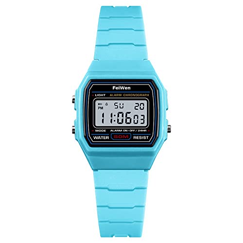 FeiWen Damen Sport Digital Uhren Outdoor Multifunktional LED Elektronik Alarm Stoppuhr Uhr Fashion Militär Armbanduhr 50M Wasserdicht Plastik Lünetten mit Kautschuk Band (Blau) von FeiWen