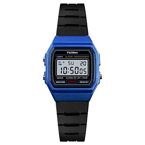 FeiWen Damen Sport Digital Uhren Outdoor Multifunktional LED Elektronik Alarm Stoppuhr Uhr Fashion Militär Armbanduhr 50M Wasserdicht Plastik Lünetten mit Kautschuk Band (Blau Schwarz) von FeiWen