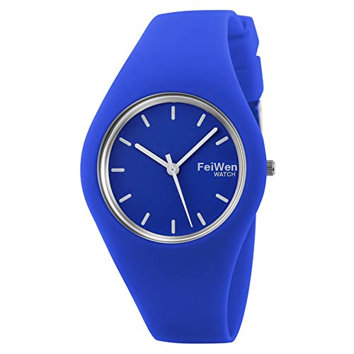 FeiWen Damen und Mädchen Fashion Casual Analog Quartz Uhren 12 Farben Kautschuk Wählscheiben mit Band Minimalismus Dress Armbanduhren, Dunkel Blau von FeiWen