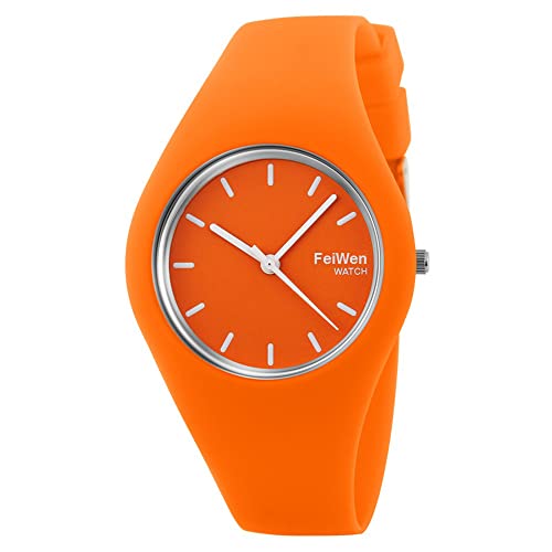 FeiWen Damen und Mädchen Fashion Casual Analog Quartz Uhren 12 Farben Kautschuk Wählscheiben mit Band Minimalismus Dress Armbanduhren, Orange von FeiWen