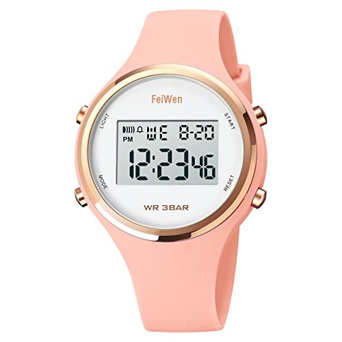 FeiWen Damenuhr Sport LED Elektronik Multifunktional Outdoor Digital Uhren Alarm Stoppuhr Plastik Lünetten mit Kautschuk Band Armbanduhr (Orange) von FeiWen