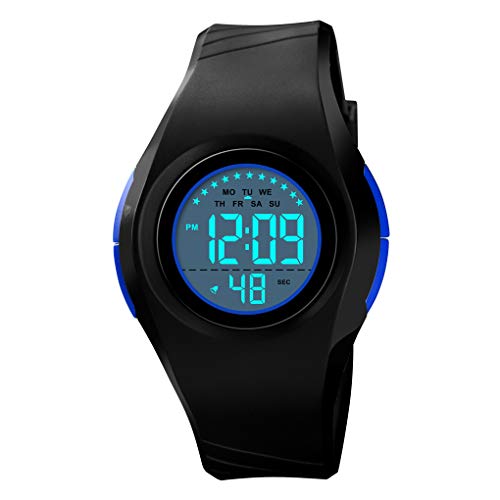 FeiWen Damenuhr Sportuhr LED Digitaluhr Outdoor Wasserdicht Militär Uhren Plastik Wählscheiben mit Kautschuk Band Multifunktiona Armbanduhren (Schwarz Blau) von FeiWen